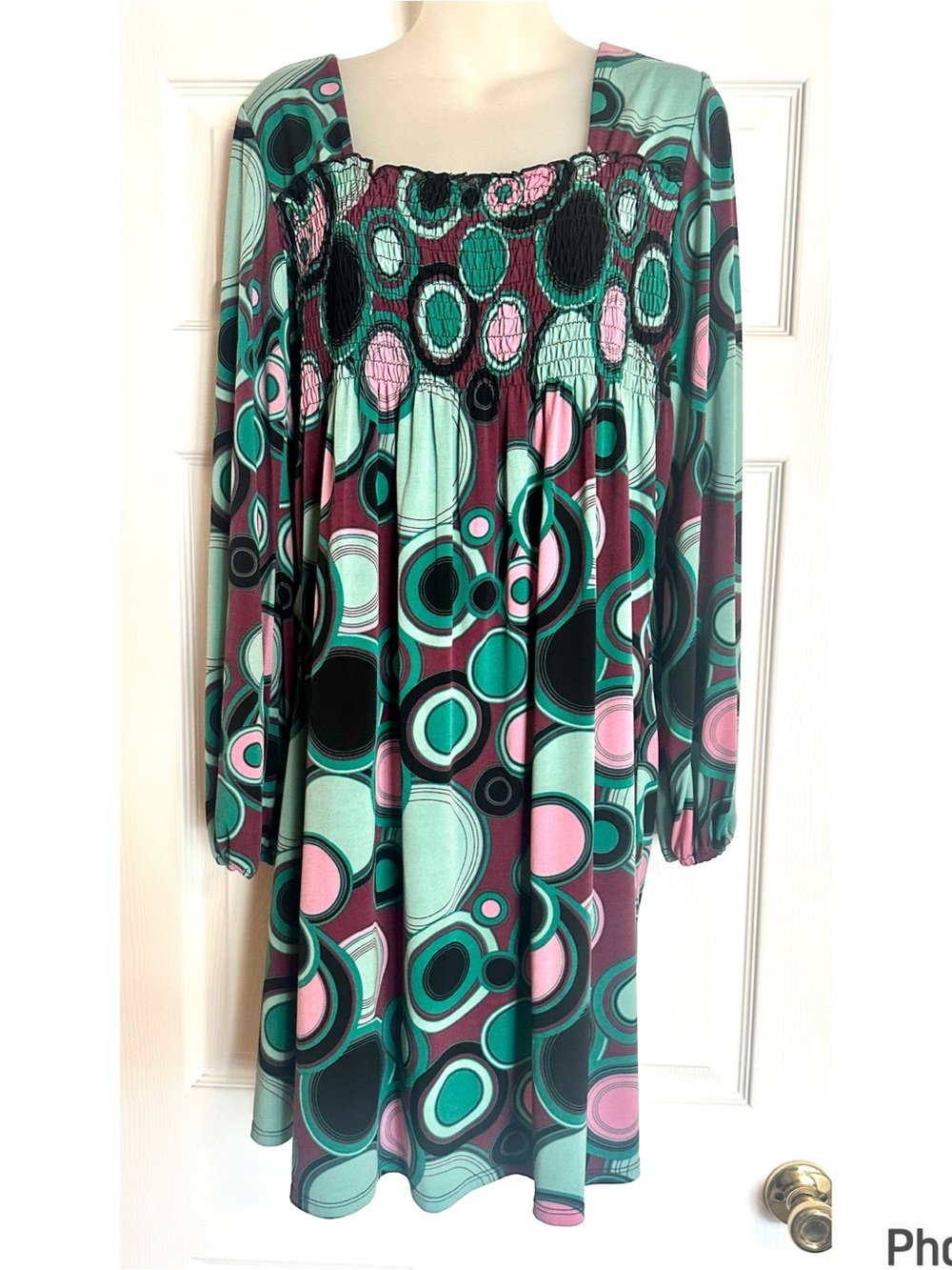 Bisou Bisou Long-Sleeve Smoked Dress in Green , Pink & Black